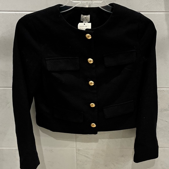 a new day Jackets & Blazers - A New Day Womens Black Tweed Cropped Ladies Jacket Gold Button Pockets XS NWT